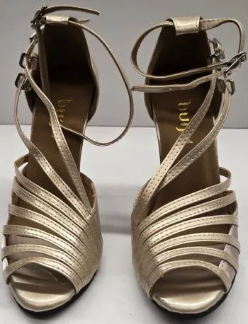 4" Impressions -- Women's Flare Heel Latin Sandal -- Street Sole -- Light Tan Patent