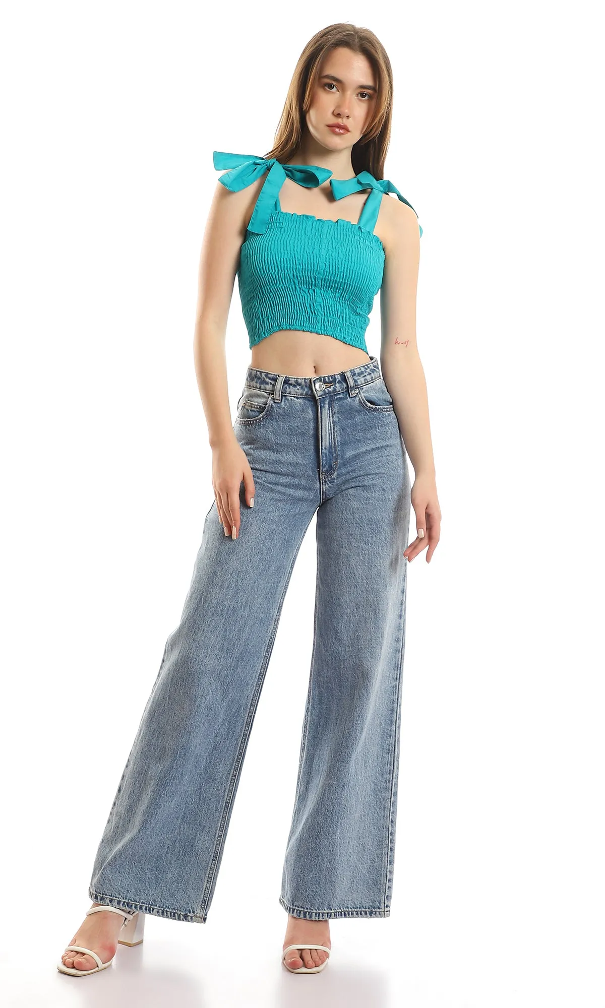 97094 Fashionable Gathered Top With Lace Up Sleeves - Dark Turquoise
