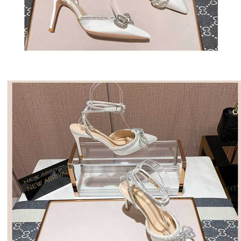 Black Sensual Lace Up Rhinestone Butterfly Bow High Heel Sandals