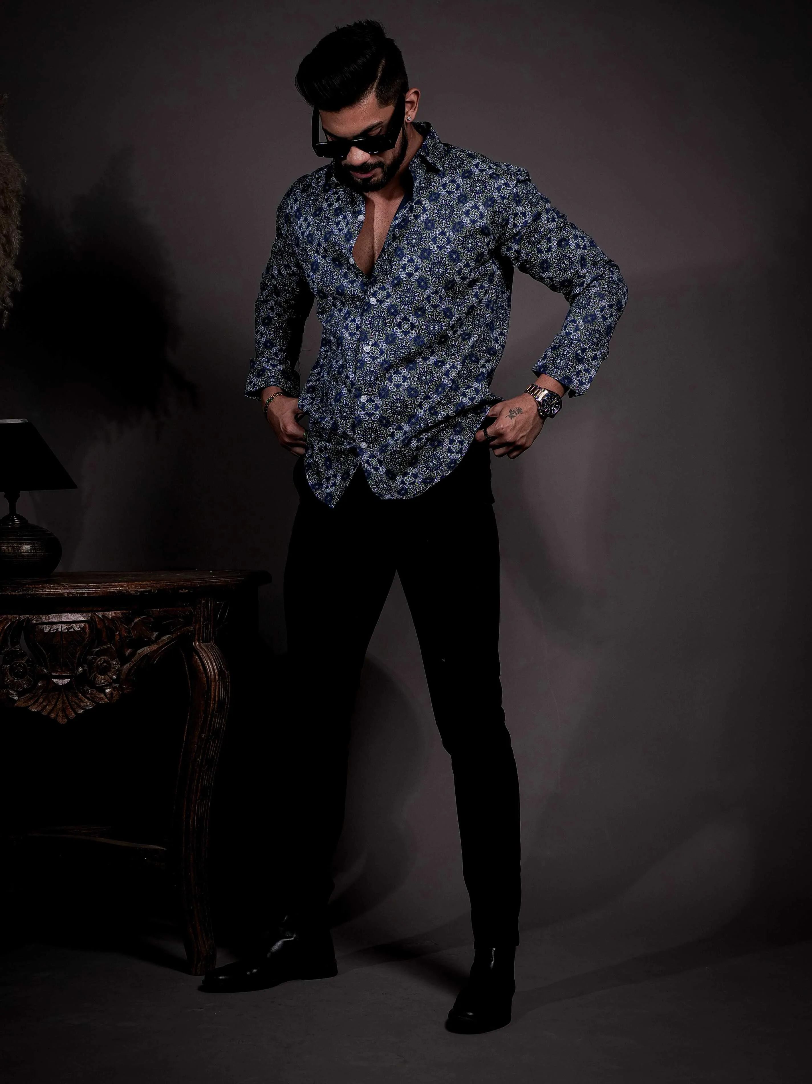 Blue Cotton Print Premium Shirt