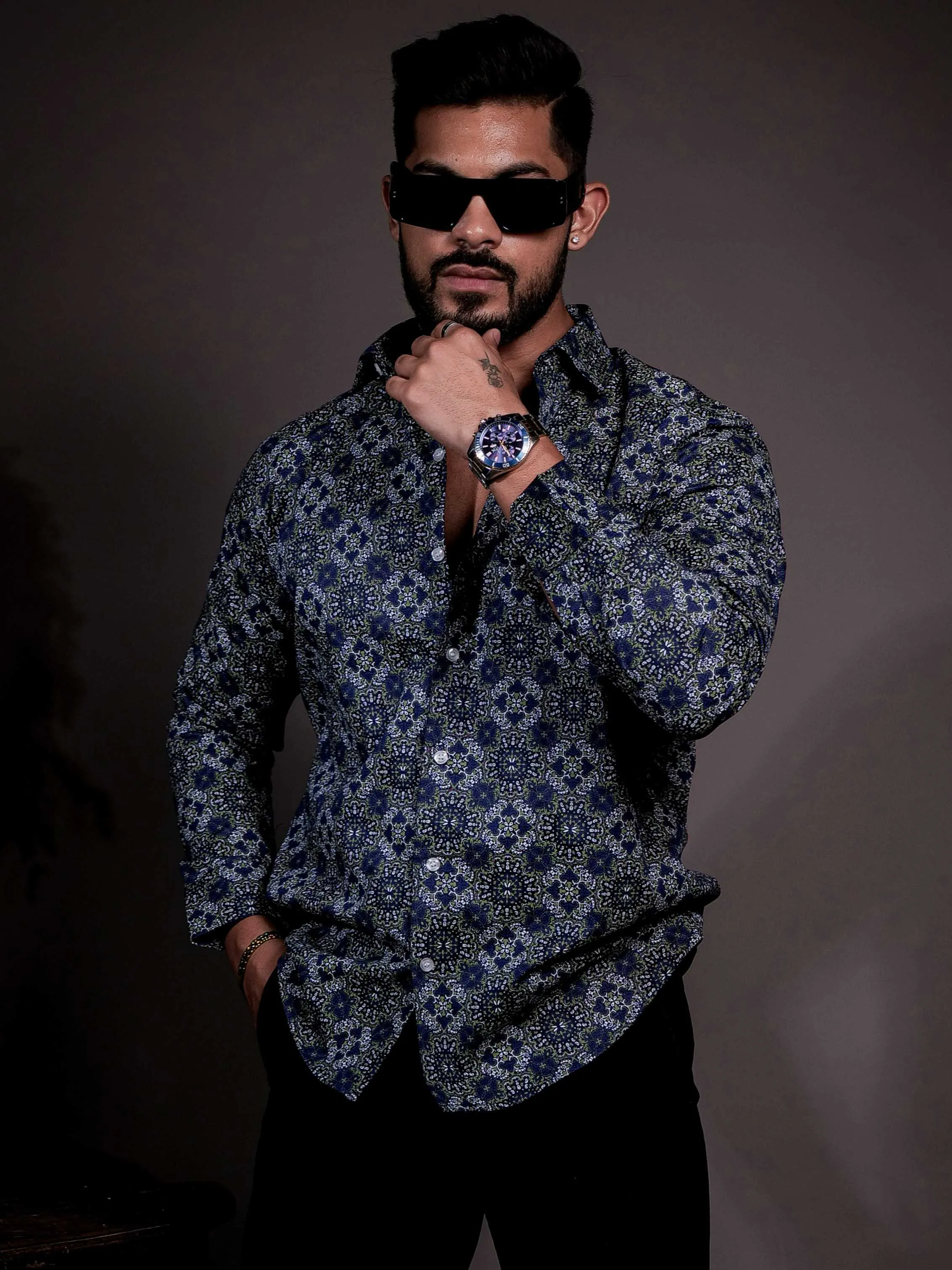 Blue Cotton Print Premium Shirt