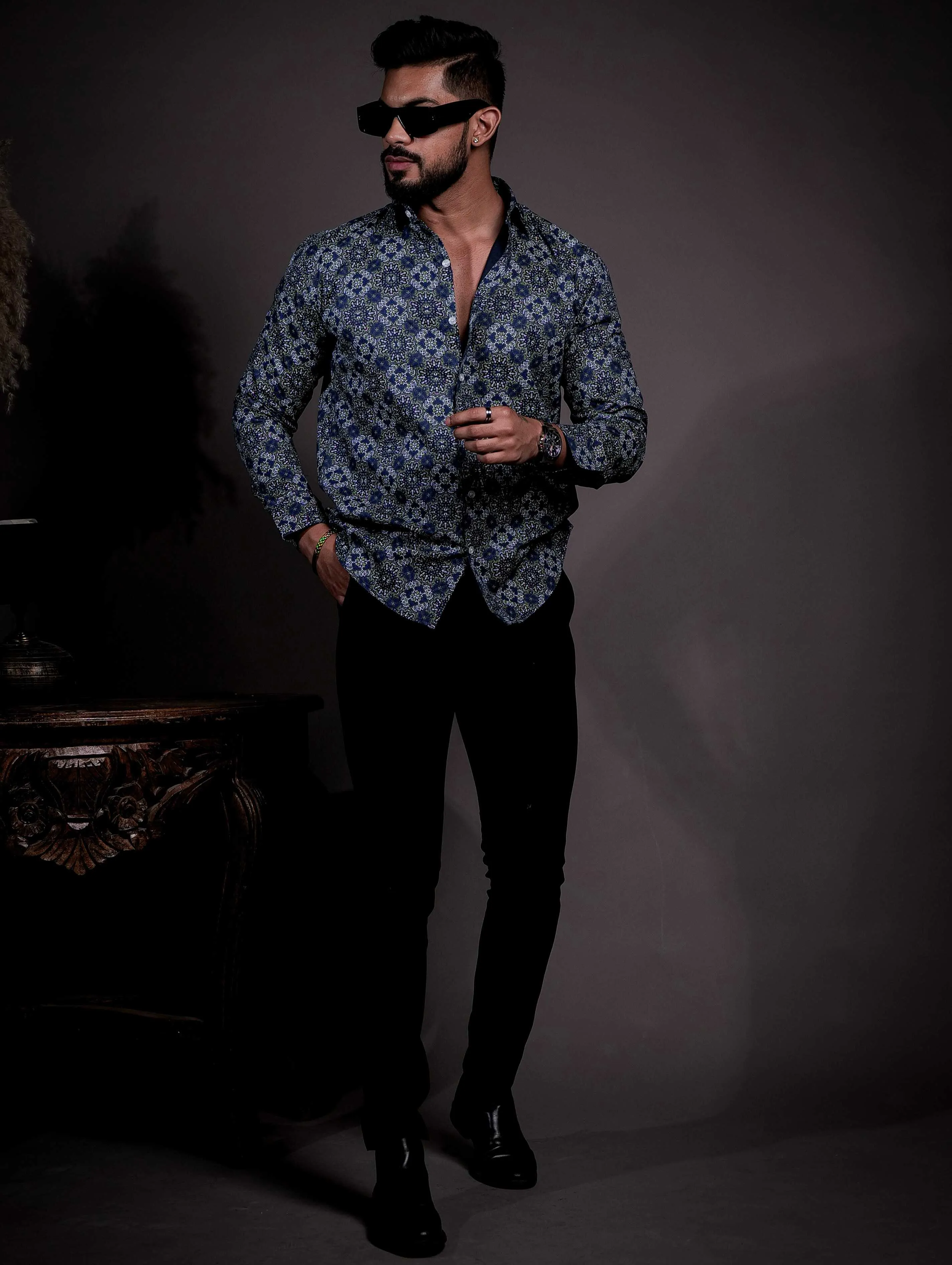 Blue Cotton Print Premium Shirt