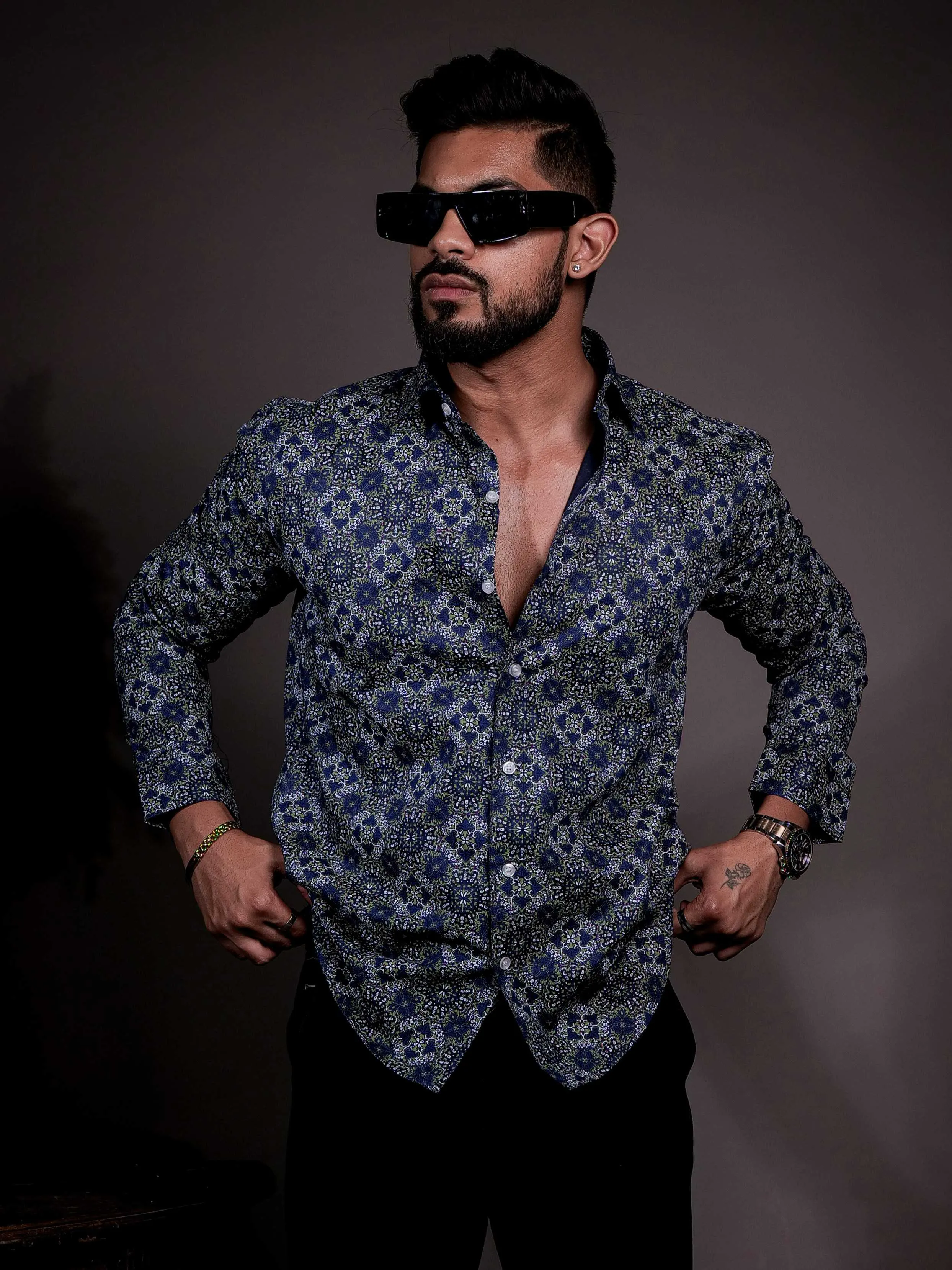 Blue Cotton Print Premium Shirt