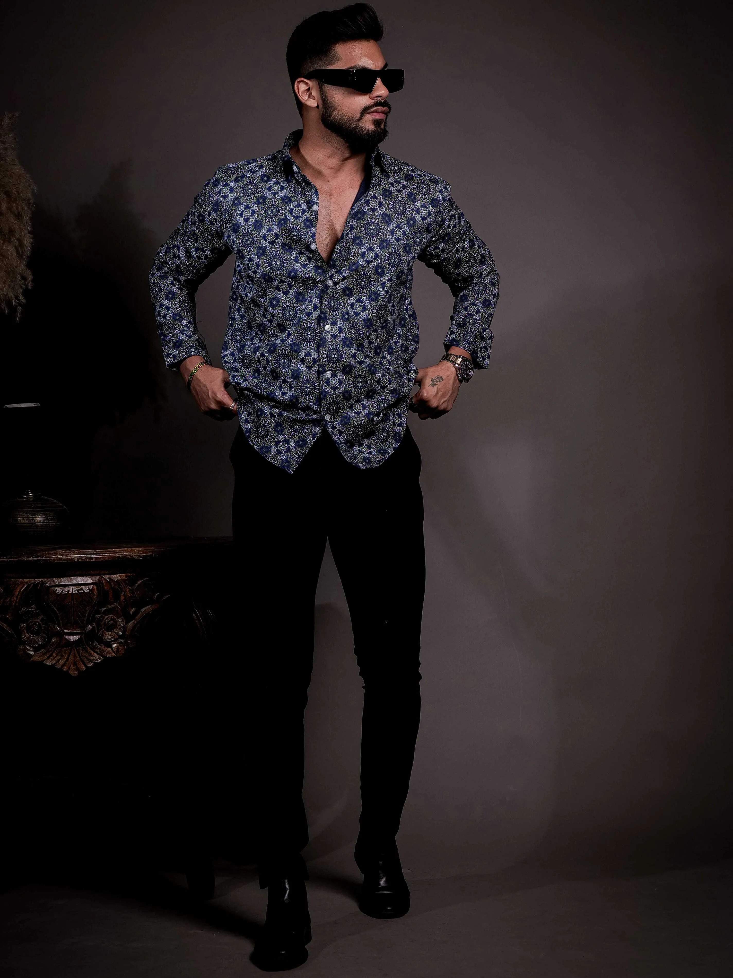 Blue Cotton Print Premium Shirt