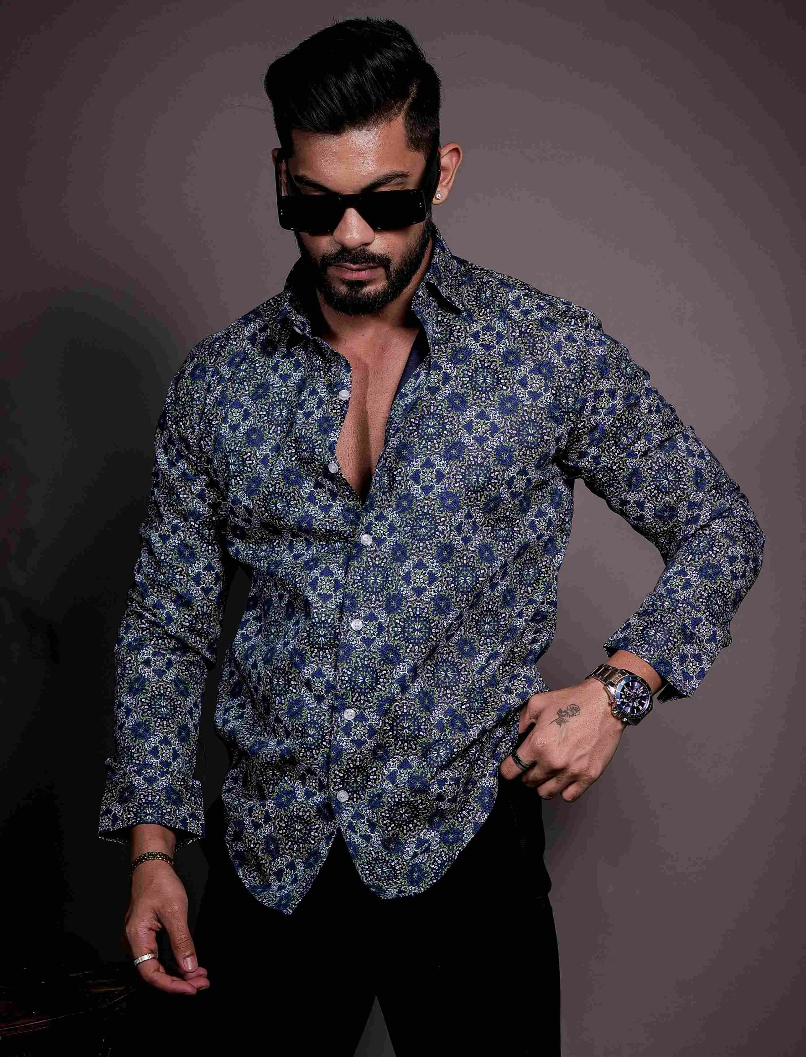 Blue Cotton Print Premium Shirt