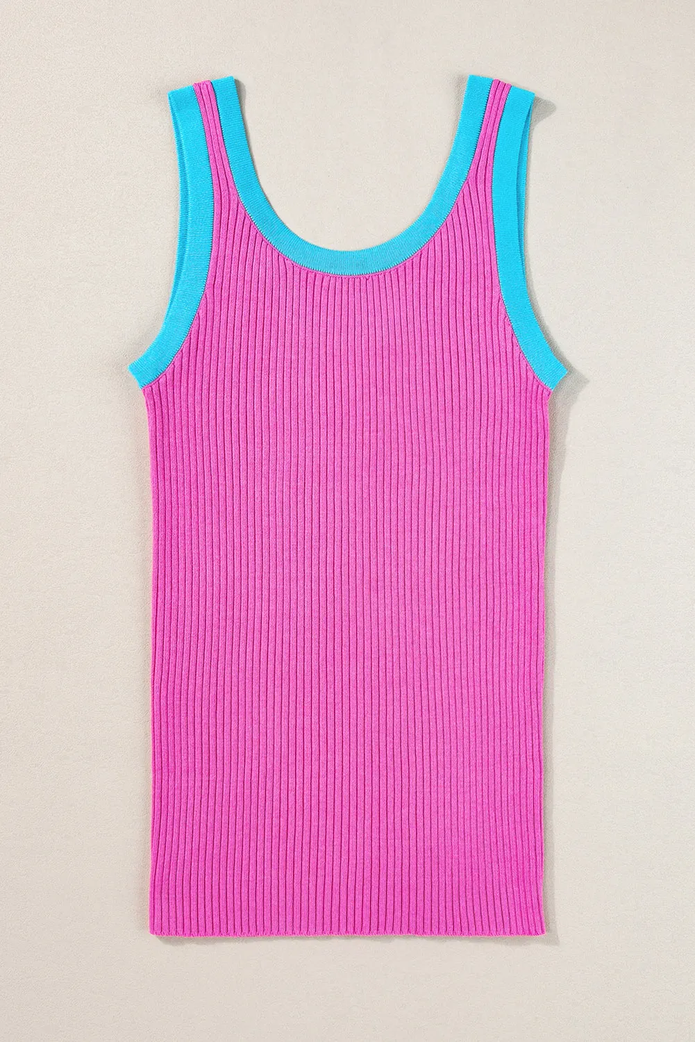 Bright Pink Colorblock Edge Ribbed Knit U Neck Tank Top
