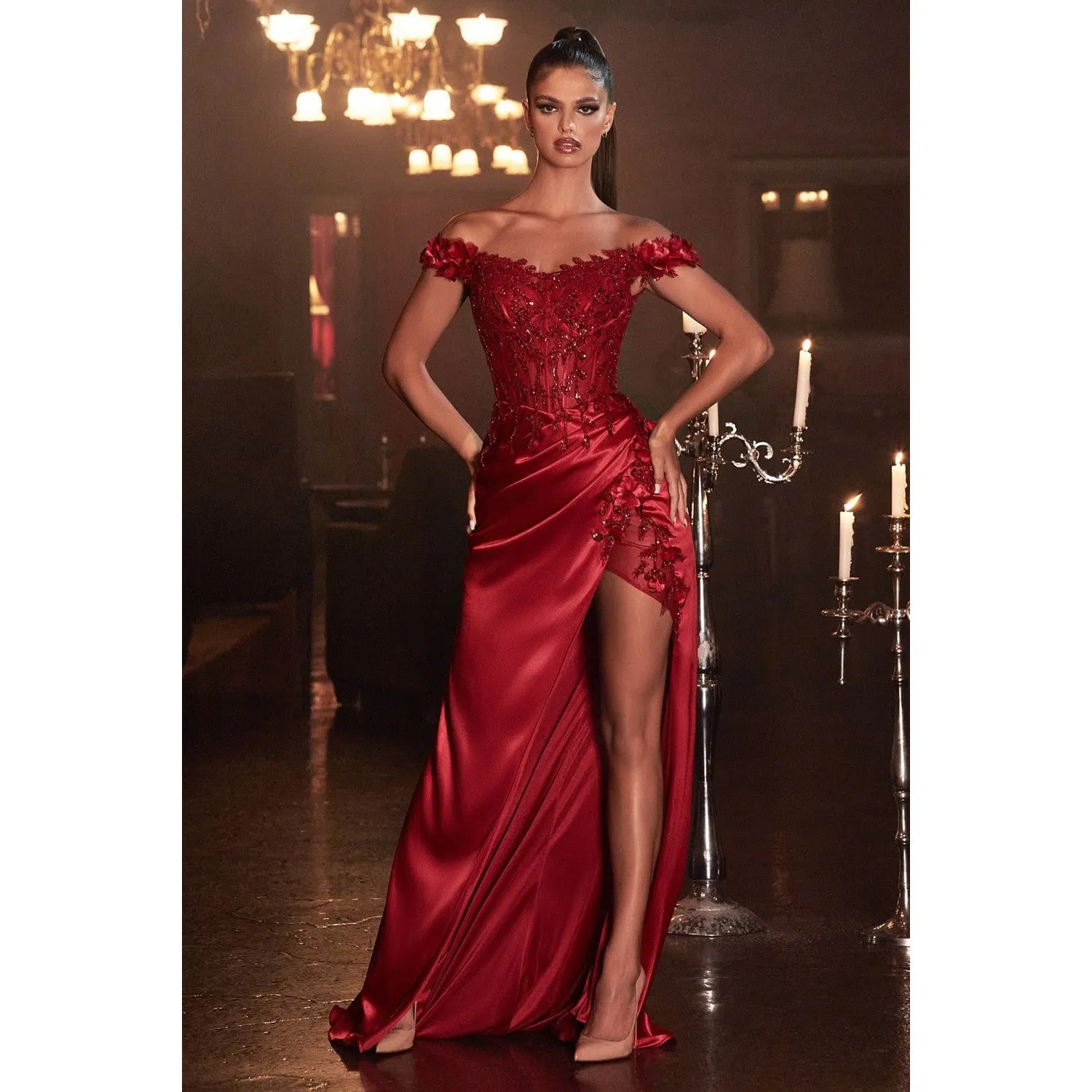 CD0186 FLORAL OFF THE SHOULDER GOWN