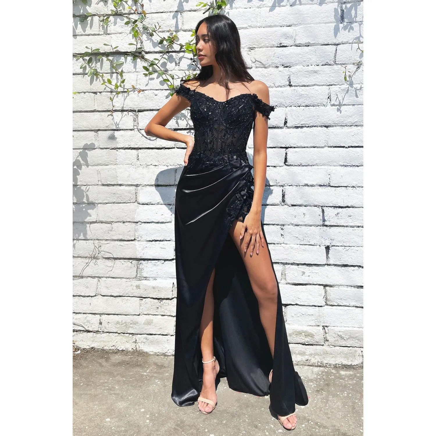 CD0186 FLORAL OFF THE SHOULDER GOWN