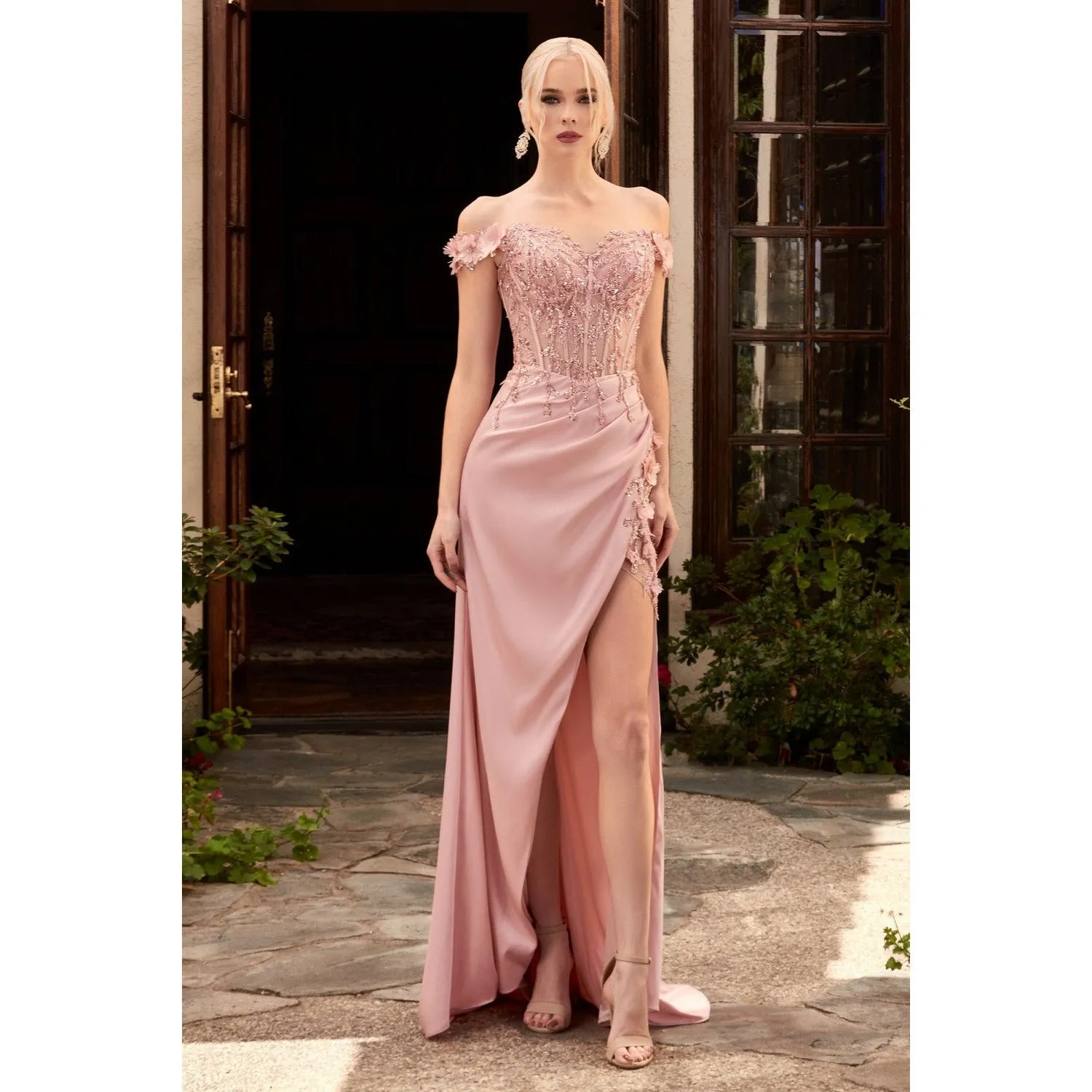 CD0186 FLORAL OFF THE SHOULDER GOWN