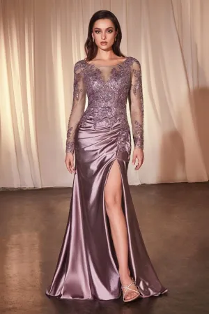 CDS505 LACE LONG SLEEVE SATIN FITTED GOWN