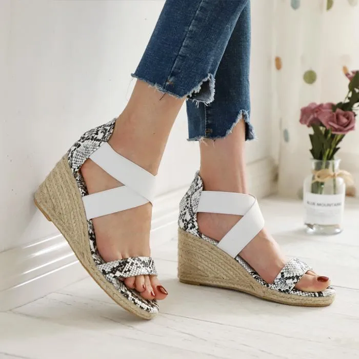 Chicvane Snakeskin Print Open Toe Zipper Wedge Sandals Espadrille Sandal