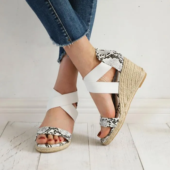 Chicvane Snakeskin Print Open Toe Zipper Wedge Sandals Espadrille Sandal