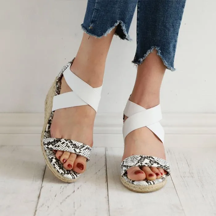 Chicvane Snakeskin Print Open Toe Zipper Wedge Sandals Espadrille Sandal