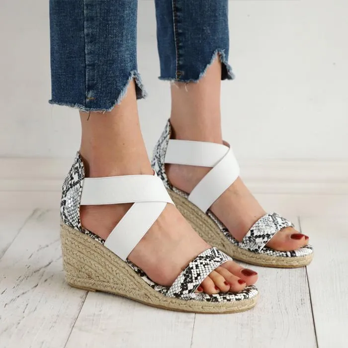 Chicvane Snakeskin Print Open Toe Zipper Wedge Sandals Espadrille Sandal