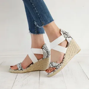 Chicvane Snakeskin Print Open Toe Zipper Wedge Sandals Espadrille Sandal