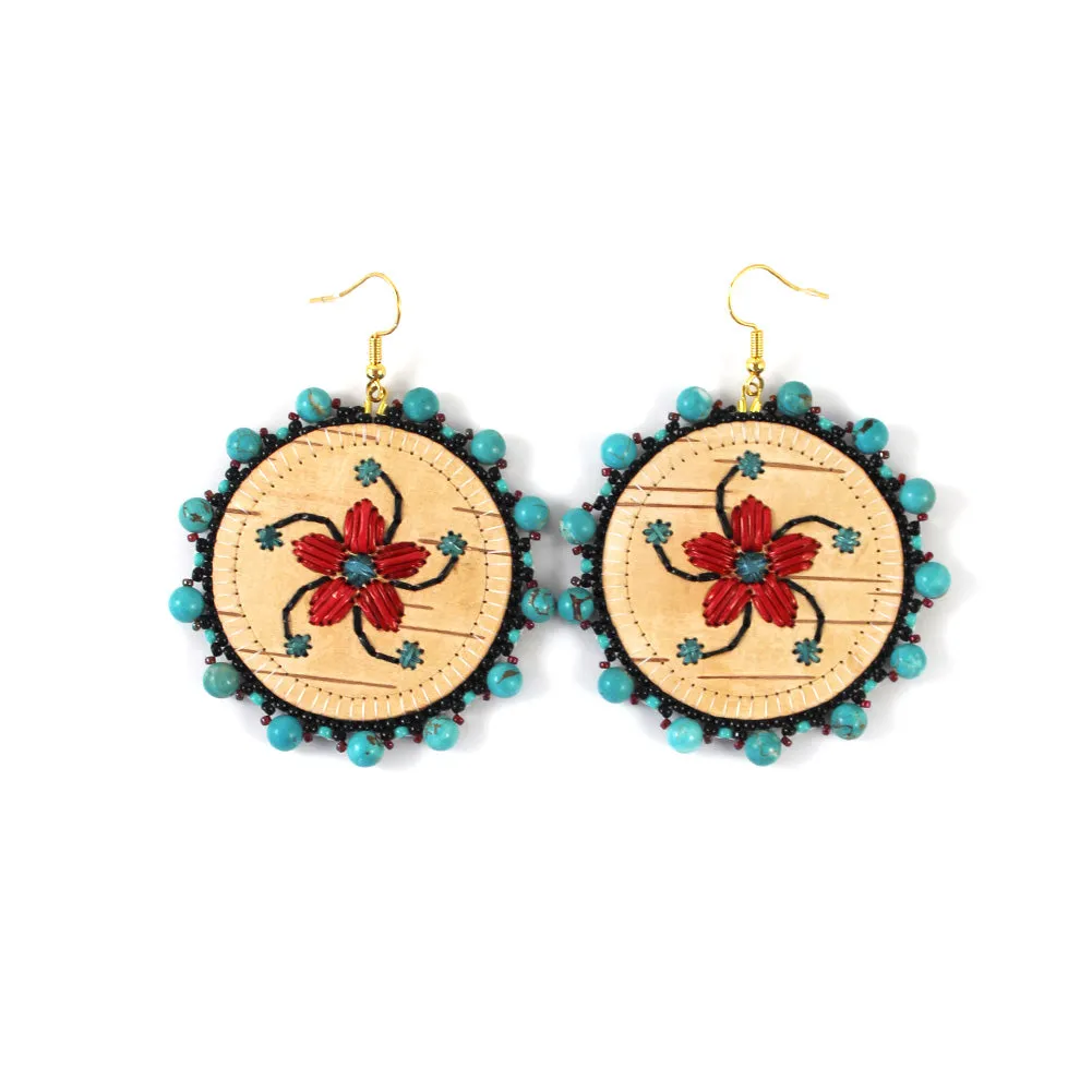 Christina Stonefish Red Florals Birch Bark Earrings