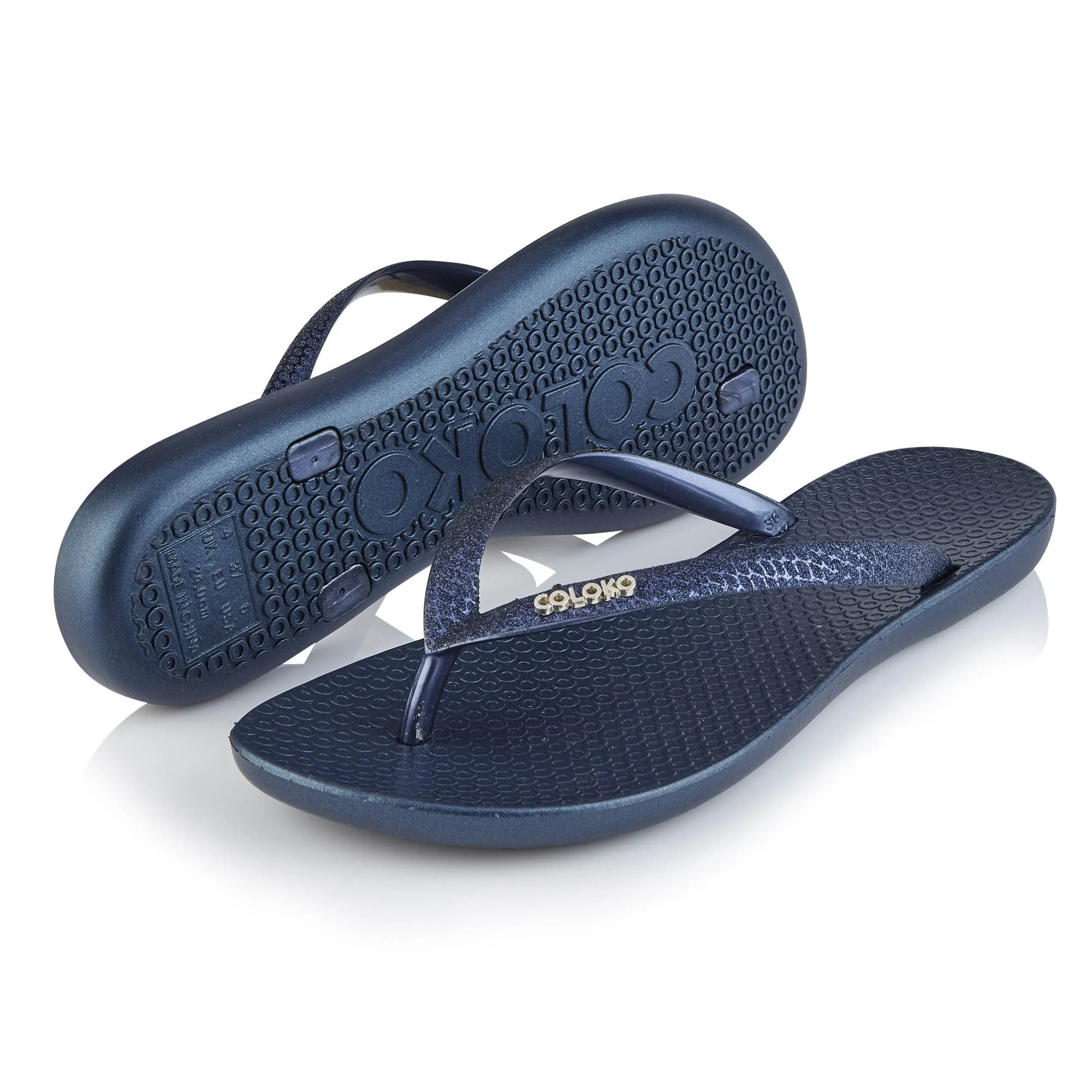 Coloko Freesia Snake Effect Glitter Ergonomic Footbed Flip-Flops Sky Blue / Navy