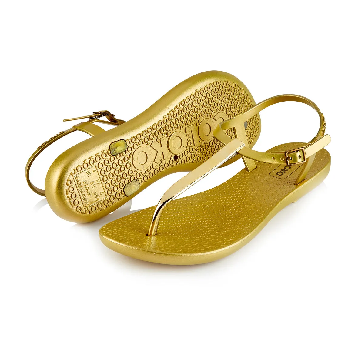 Coloko Sakura Metallic Gold Chrome Curve Slim Sole T-bar Flip Flops Sandals
