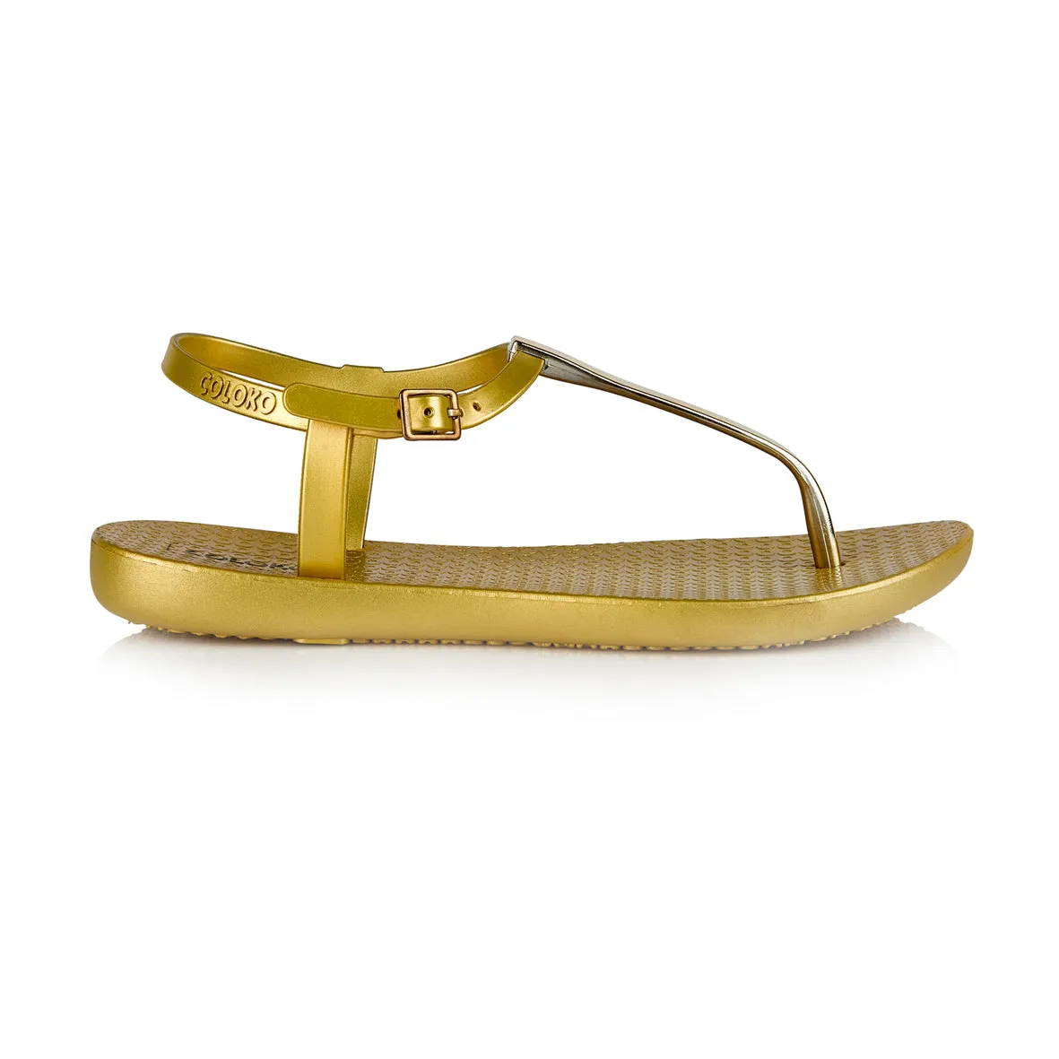 Coloko Sakura Metallic Gold Chrome Curve Slim Sole T-bar Flip Flops Sandals