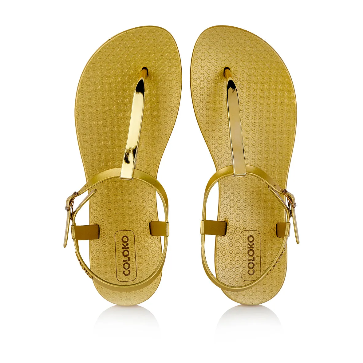 Coloko Sakura Metallic Gold Chrome Curve Slim Sole T-bar Flip Flops Sandals