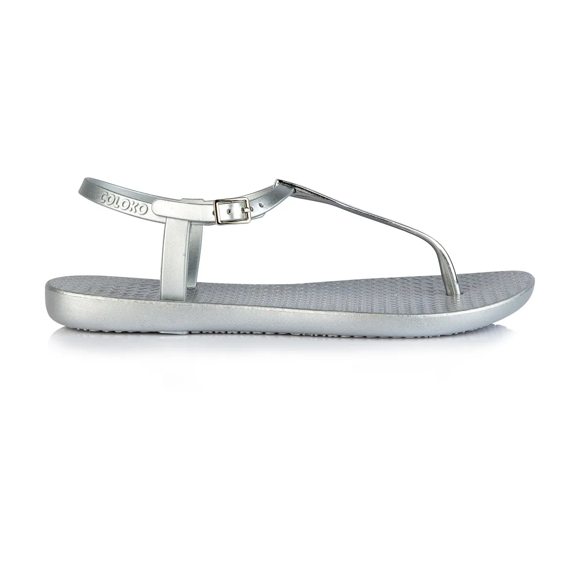 Coloko Sakura Metallic Silver Chrome Curve Slim Sole T-bar Flip Flops Sandals