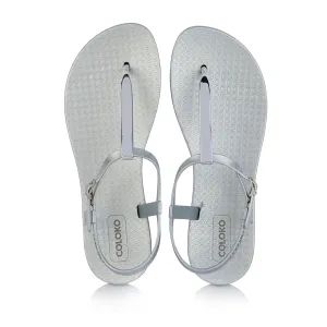 Coloko Sakura Metallic Silver Chrome Curve Slim Sole T-bar Flip Flops Sandals
