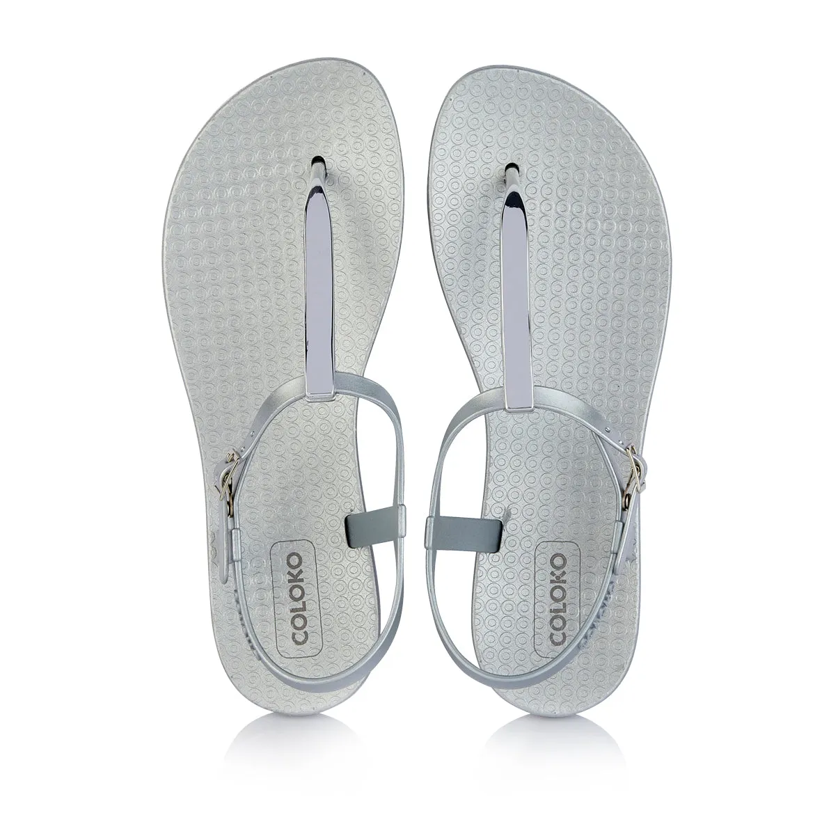 Coloko Sakura Metallic Silver Chrome Curve Slim Sole T-bar Flip Flops Sandals