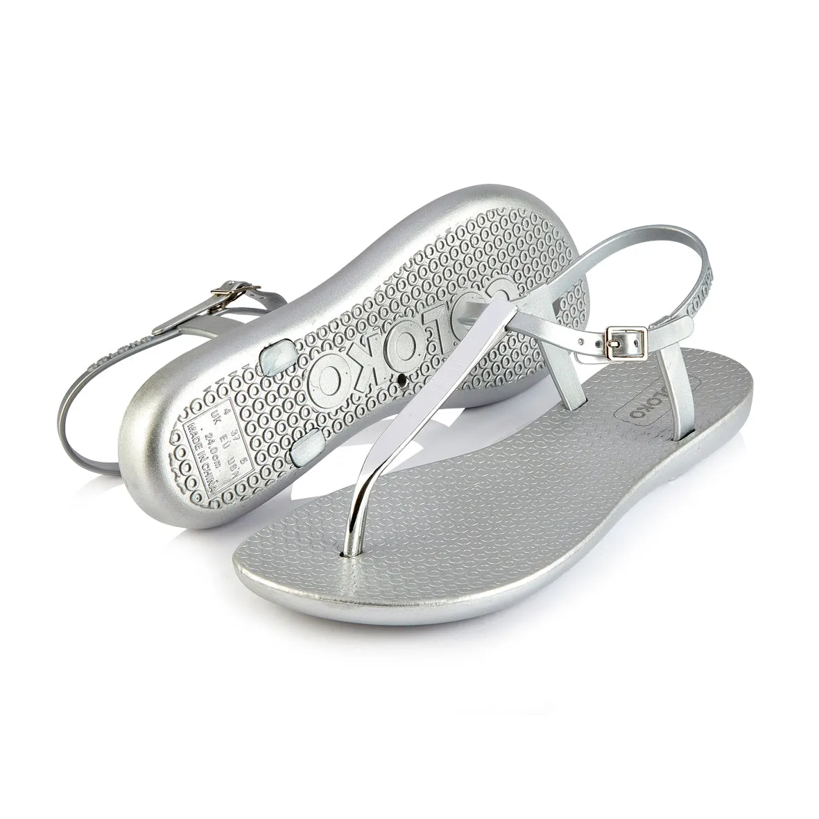 Coloko Sakura Metallic Silver Chrome Curve Slim Sole T-bar Flip Flops Sandals