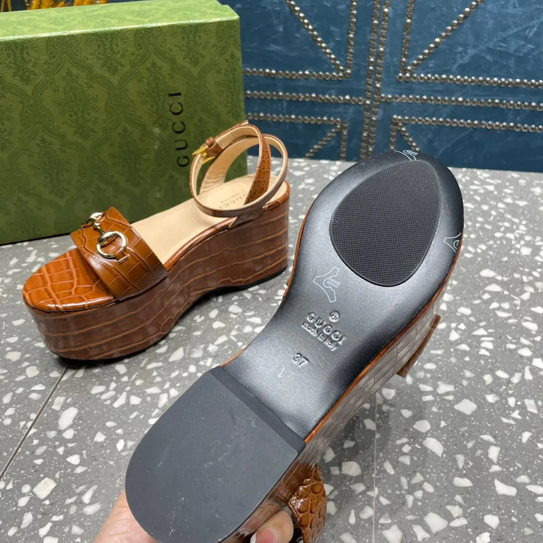 GG  HORSEBIT FLATFORM SANDAL CARAMEL CALFSKIN