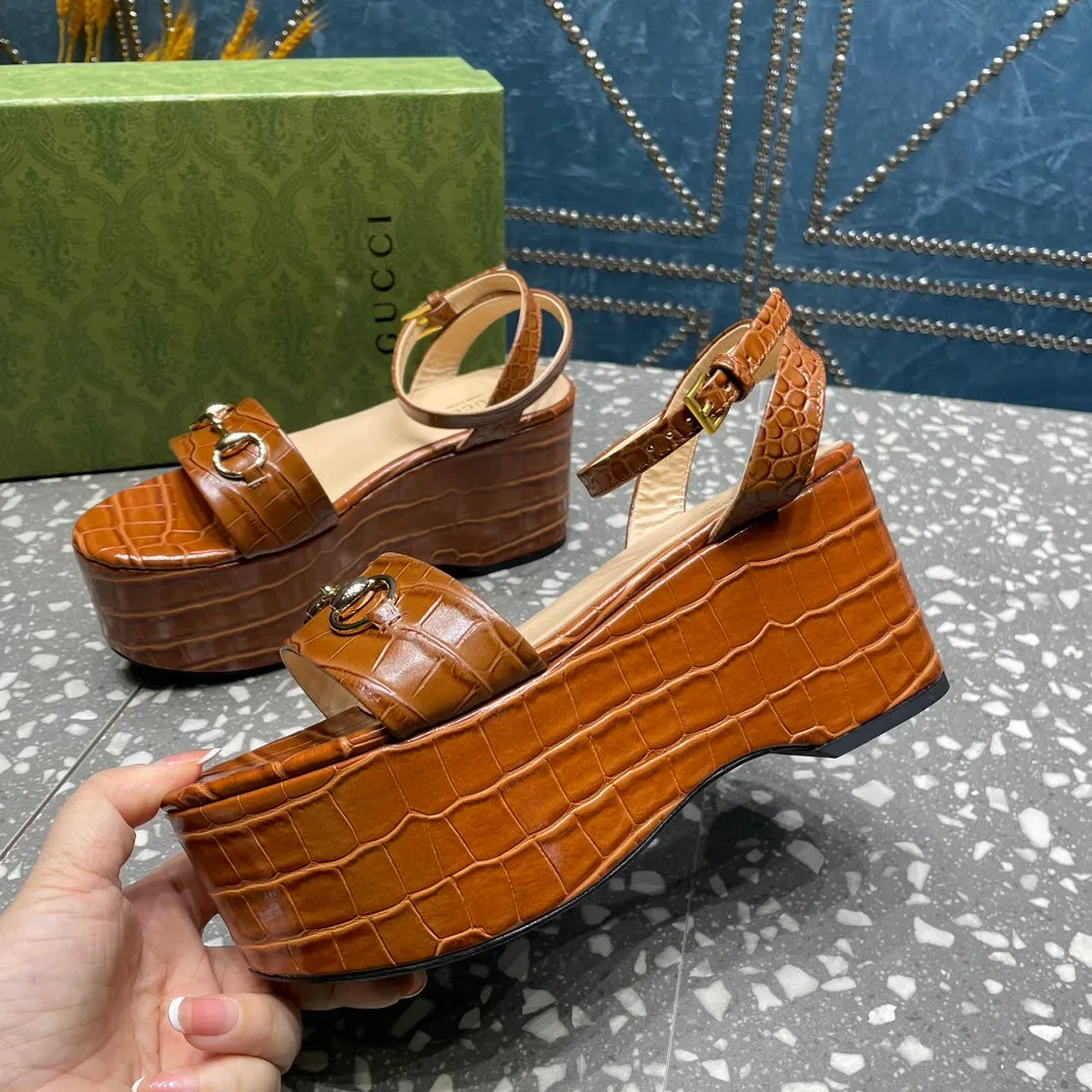 GG  HORSEBIT FLATFORM SANDAL CARAMEL CALFSKIN