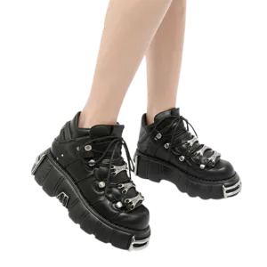 Harajuku Punk Style Women's Lace-up Heel Height 6CM Platform Shoes and Gothic Ankle Boots with Metal Decor Genuine Leather Shoes