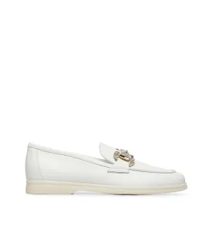 Jewel-buckle white leather loafers
