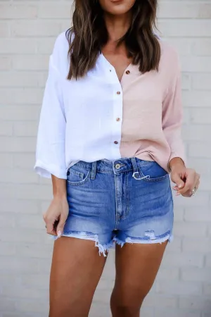 Kancan Distressed Raw Hem High Waist Denim Shorts