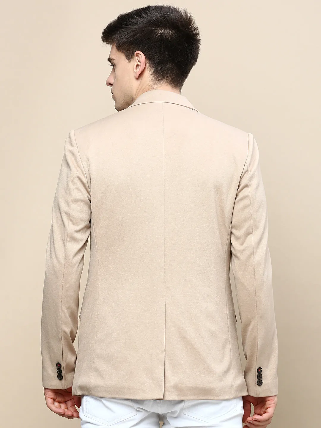 Men Beige Notched Lapel Slim-Fit Single Breasted Blazer