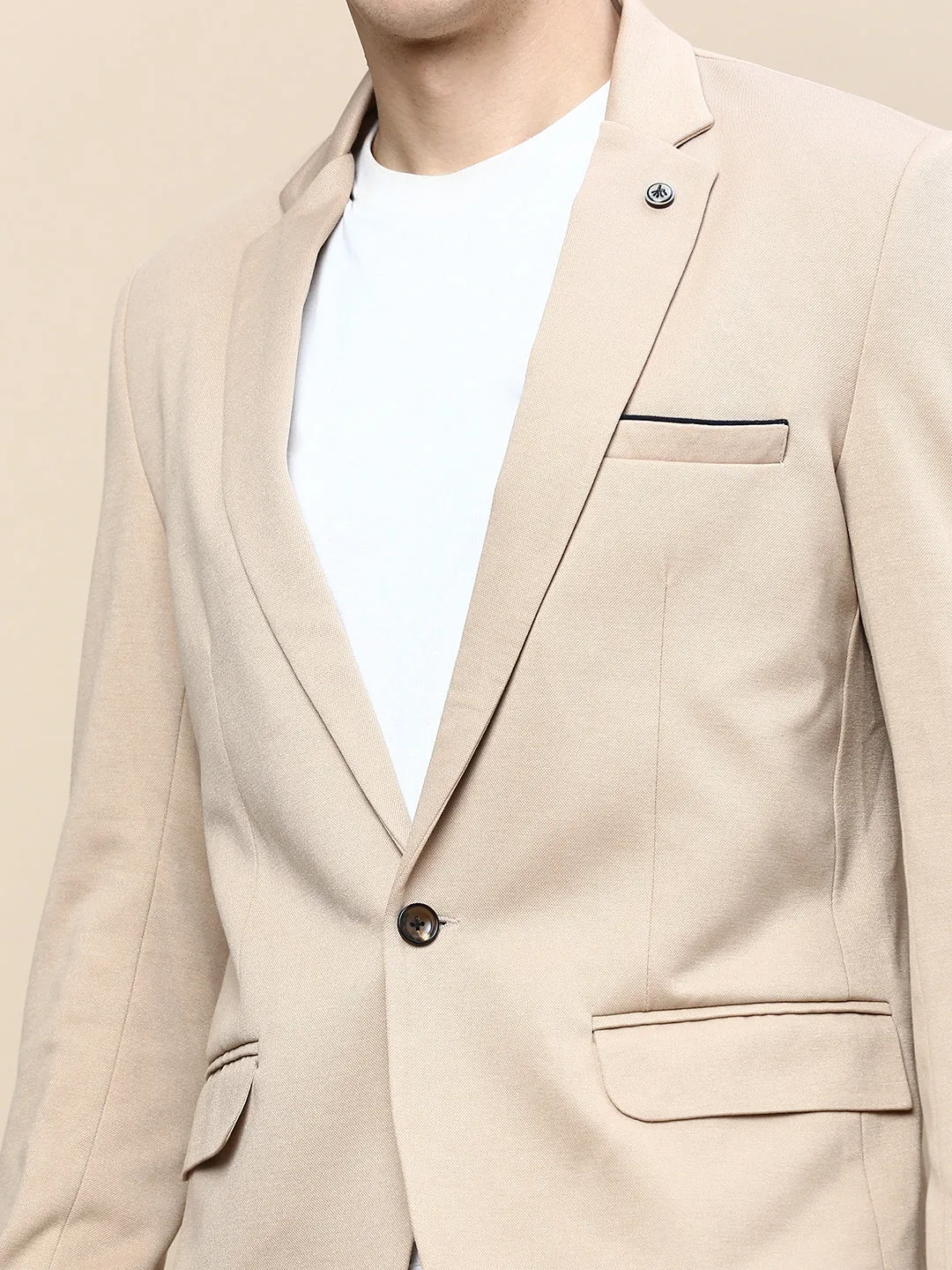 Men Beige Notched Lapel Slim-Fit Single Breasted Blazer
