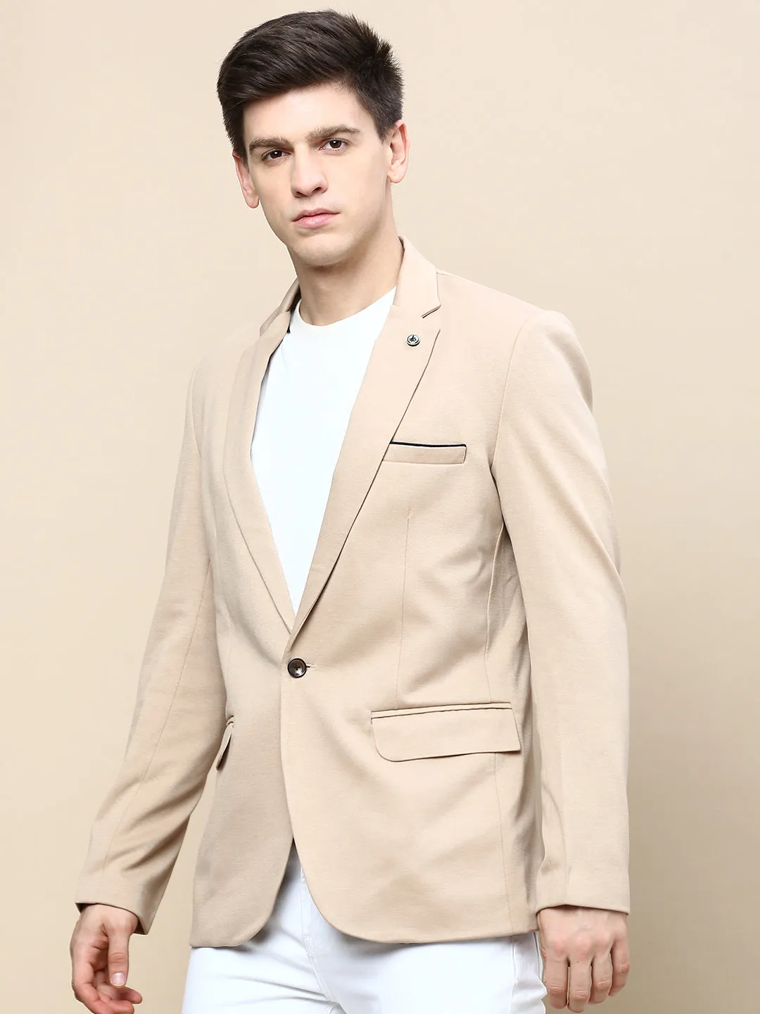 Men Beige Notched Lapel Slim-Fit Single Breasted Blazer