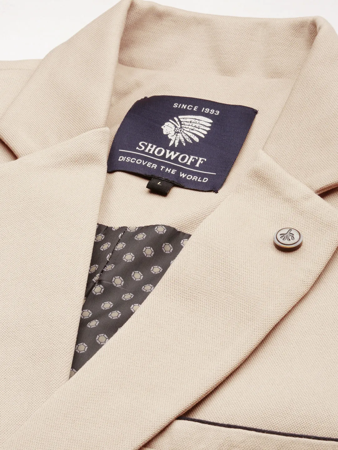 Men Beige Notched Lapel Slim-Fit Single Breasted Blazer