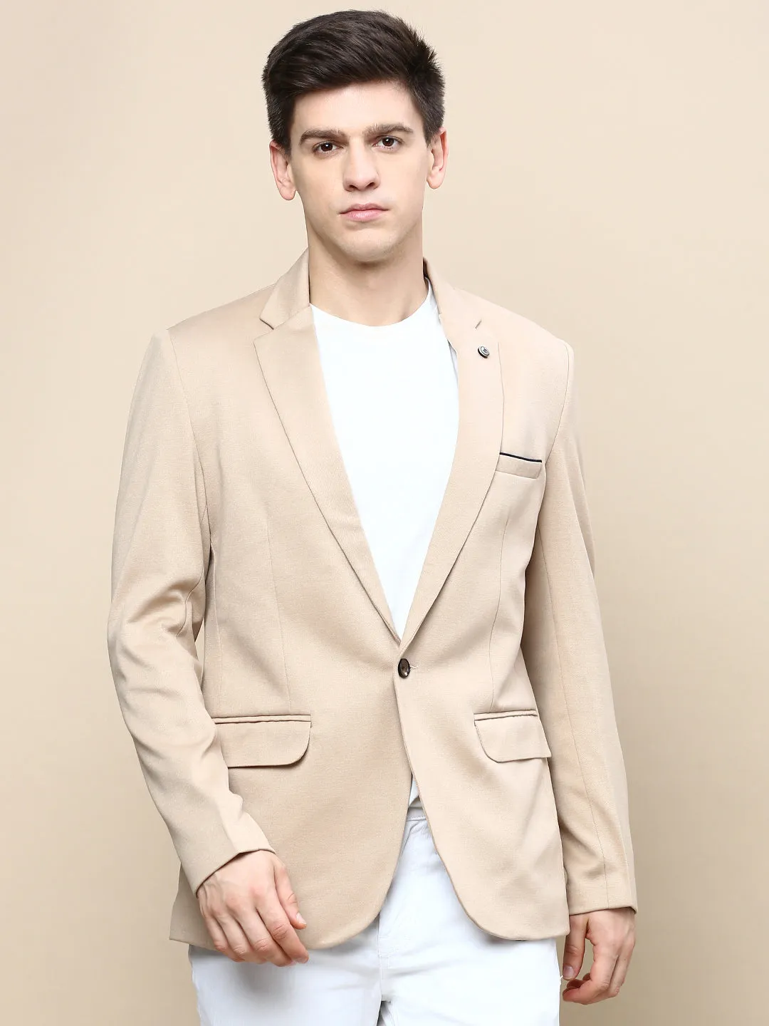 Men Beige Notched Lapel Slim-Fit Single Breasted Blazer