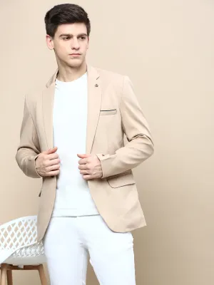 Men Beige Notched Lapel Slim-Fit Single Breasted Blazer