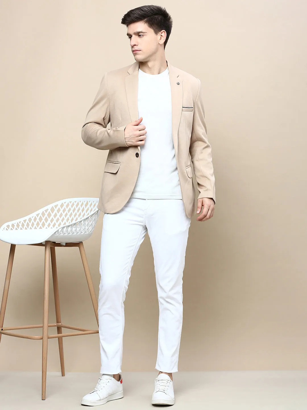 Men Beige Notched Lapel Slim-Fit Single Breasted Blazer