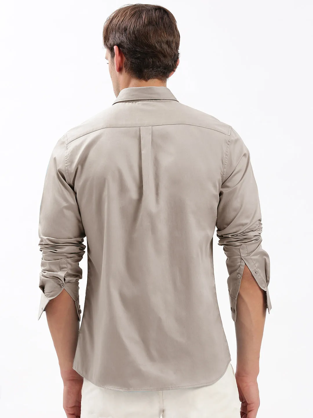 Men Beige Standard Slim Fit Opaque Cotton Casual Shirt