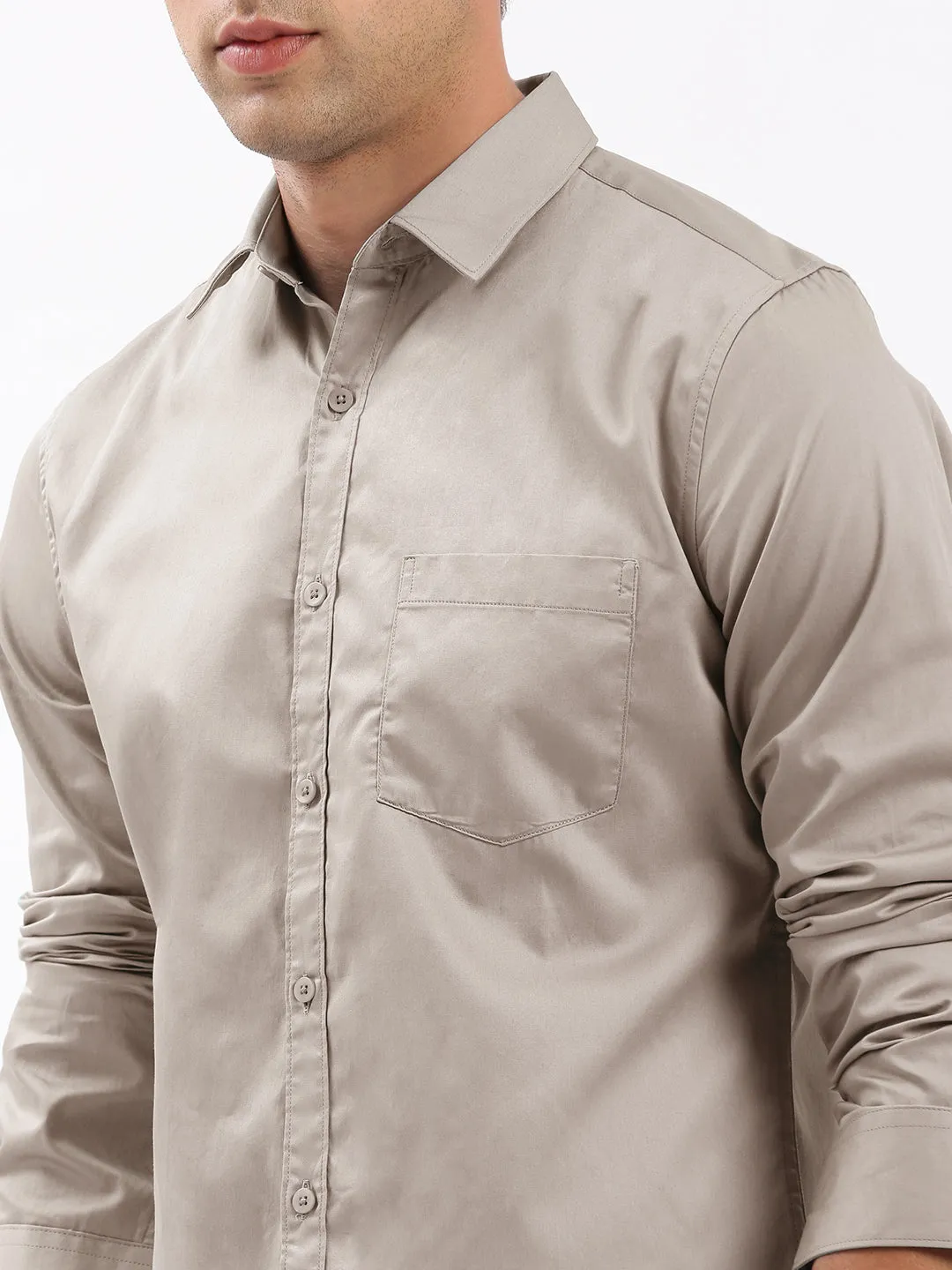 Men Beige Standard Slim Fit Opaque Cotton Casual Shirt