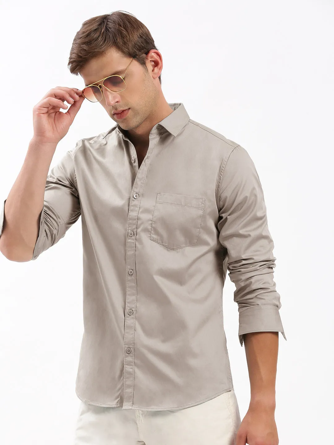 Men Beige Standard Slim Fit Opaque Cotton Casual Shirt