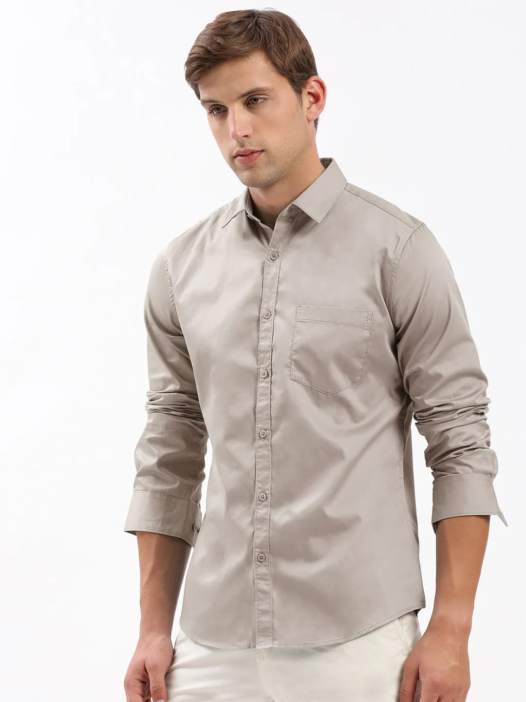 Men Beige Standard Slim Fit Opaque Cotton Casual Shirt
