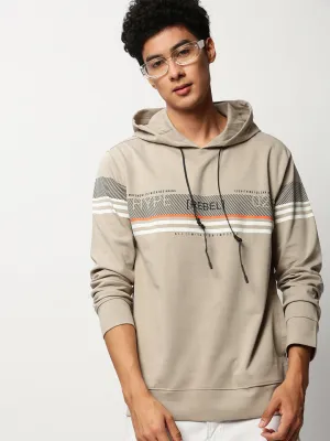 Men Beige Striped Hooded Cotton Pullover