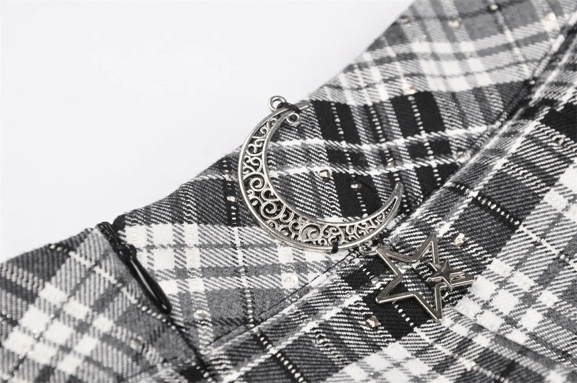 Pleated Gothic Mini Skirt with Black and White Plaid