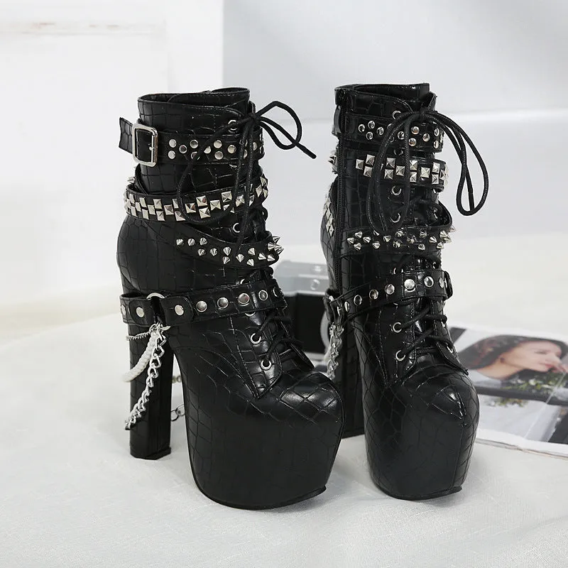 PU Pure color Rivets Lace-Up Chunky Heel Round Toe High Heels--Black