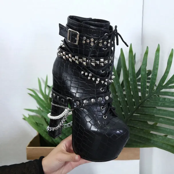 PU Pure color Rivets Lace-Up Chunky Heel Round Toe High Heels--Black