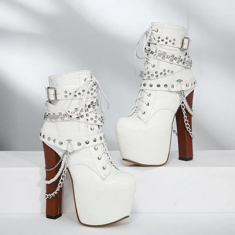 PU Pure color Rivets Lace-Up Chunky Heel Round Toe High Heels--Black