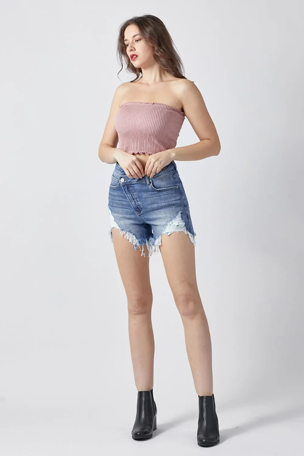 RISEN Criss Cross Waist Denim Shorts